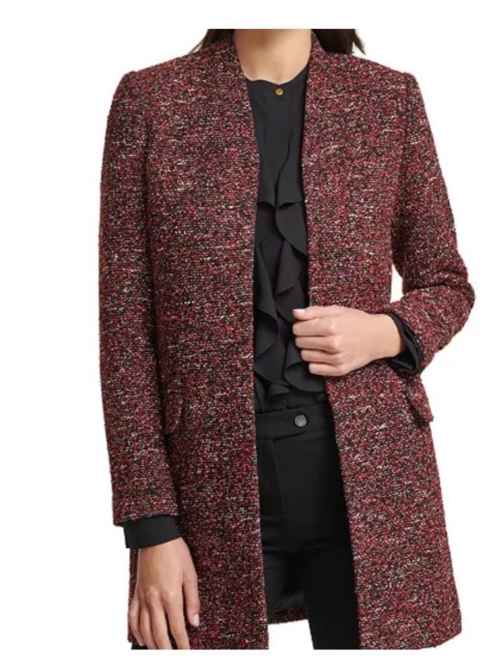 Calvin Klein Burgundy Tweed Open-Front Blazer Coat